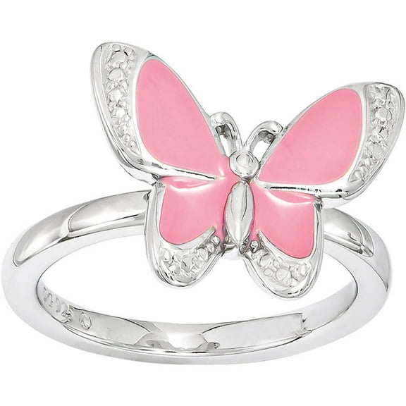 Sterling Silver Pink Enamel Butterfly Ring