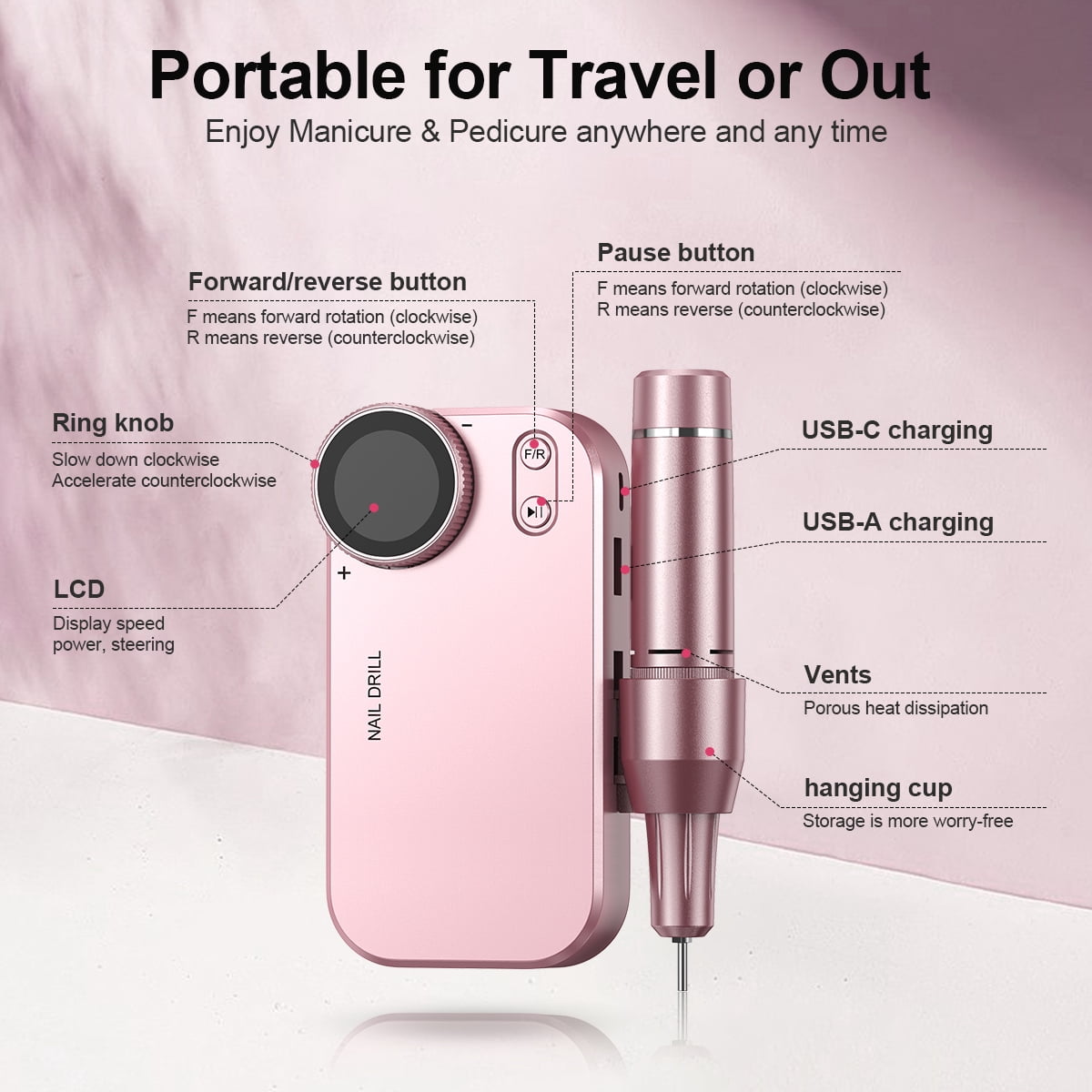 M MISS DREAM Rechargeable 35000 RPM Cordless 13-Piece Nail Drill with 12 Bits and Nano Glass File, Pink