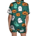 thumbnail image 3 of Green Halloween Pajamas Women Silk Imitation 2026 Cute Satin Ghost Pumpkin Print Short Sleeve Button Top and Shorts Matching Sleepwear XL, 3 of 4