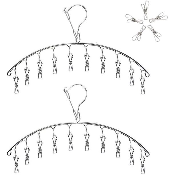 Juego de 2 perchas de acero inoxidable con 10 clips de secado resistentes al viento para asegurar calcetines, ropa de bebé, pañales de tela, sujetadores, toallas, ropa interior, bufandas y sombreros.