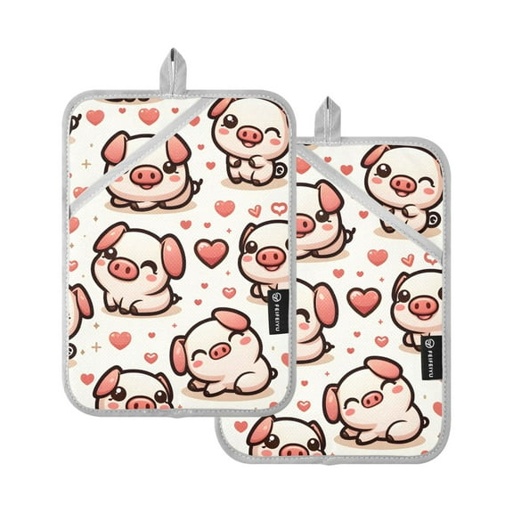 Pot Holders Set of 2 Heat Resistant 338℉ Kitchen Oven Gloves Potholder Cooking Baking Microwave Mitts Cute Pig and Hearts