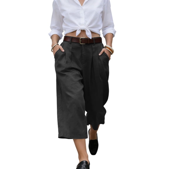 Yuanlook Women's Tailored Pleated Culotte Pants, Office Casual Cropped Wide Leg Trousers with Clean Lines, S-XXXL