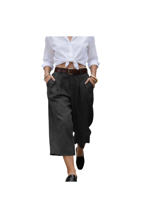 Women's Tailored Pleated Culotte Pants, Office Casual Cropped Wide Leg Trousers with Clean Lines, S-XXXL