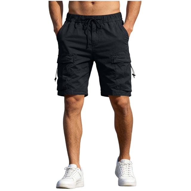 Elastic Waist Cargo Shorts for Men Solid Color with Pockets Button Bandage Casual and Fashionable Shorts