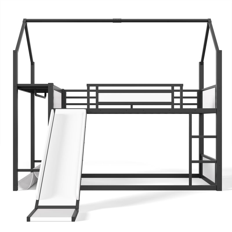 Twin Over Twin Metal Bunk Bed with Slide, LED Hanging Area, Fabric Storage Shelf, Power Outlet, House-Shaped Playhouse Frame, Safety Guardrails, Ladder, Low Profile Kids Bunk Bed