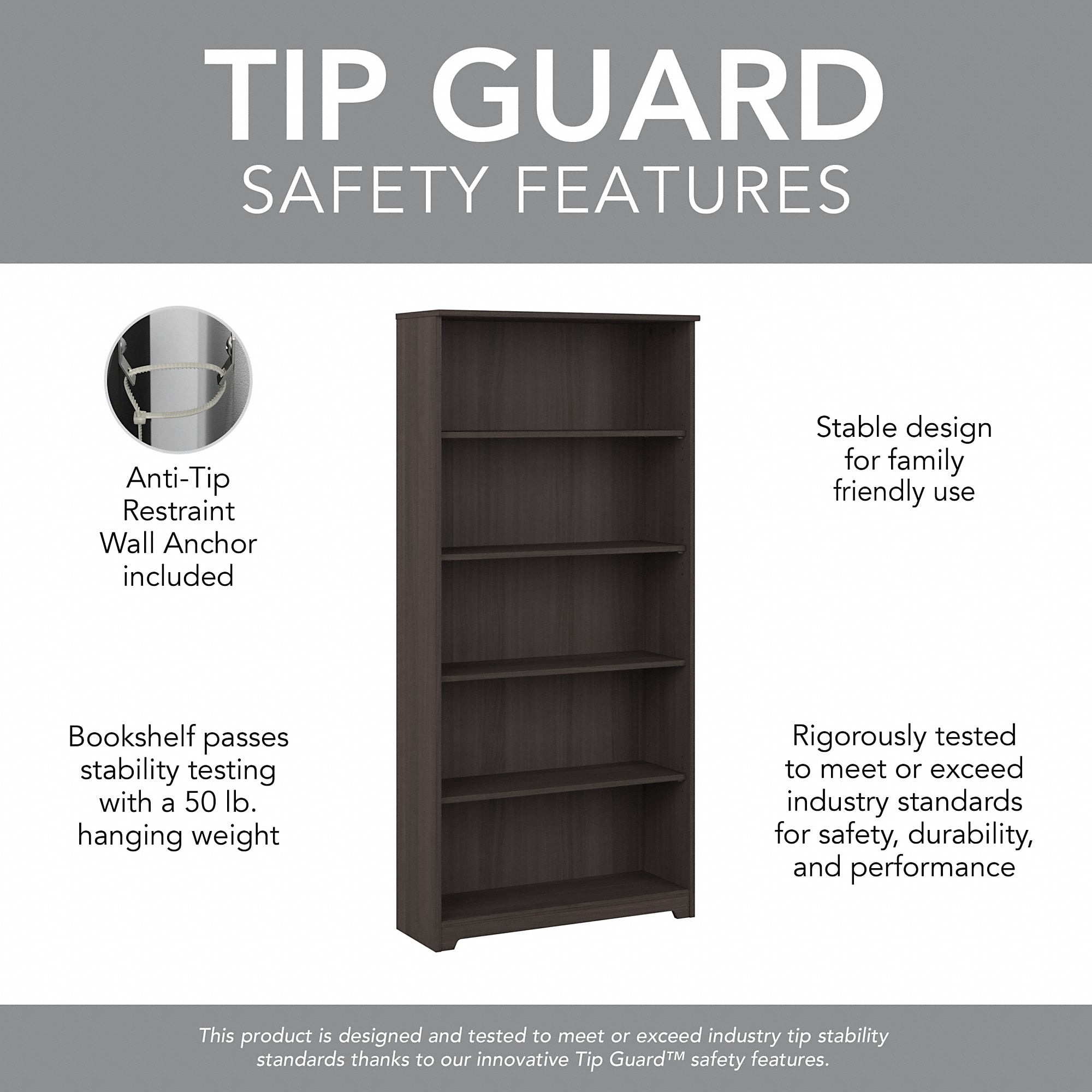 Bush Furniture Cabot Tall 5 Shelf Bookcase, Heather Gray