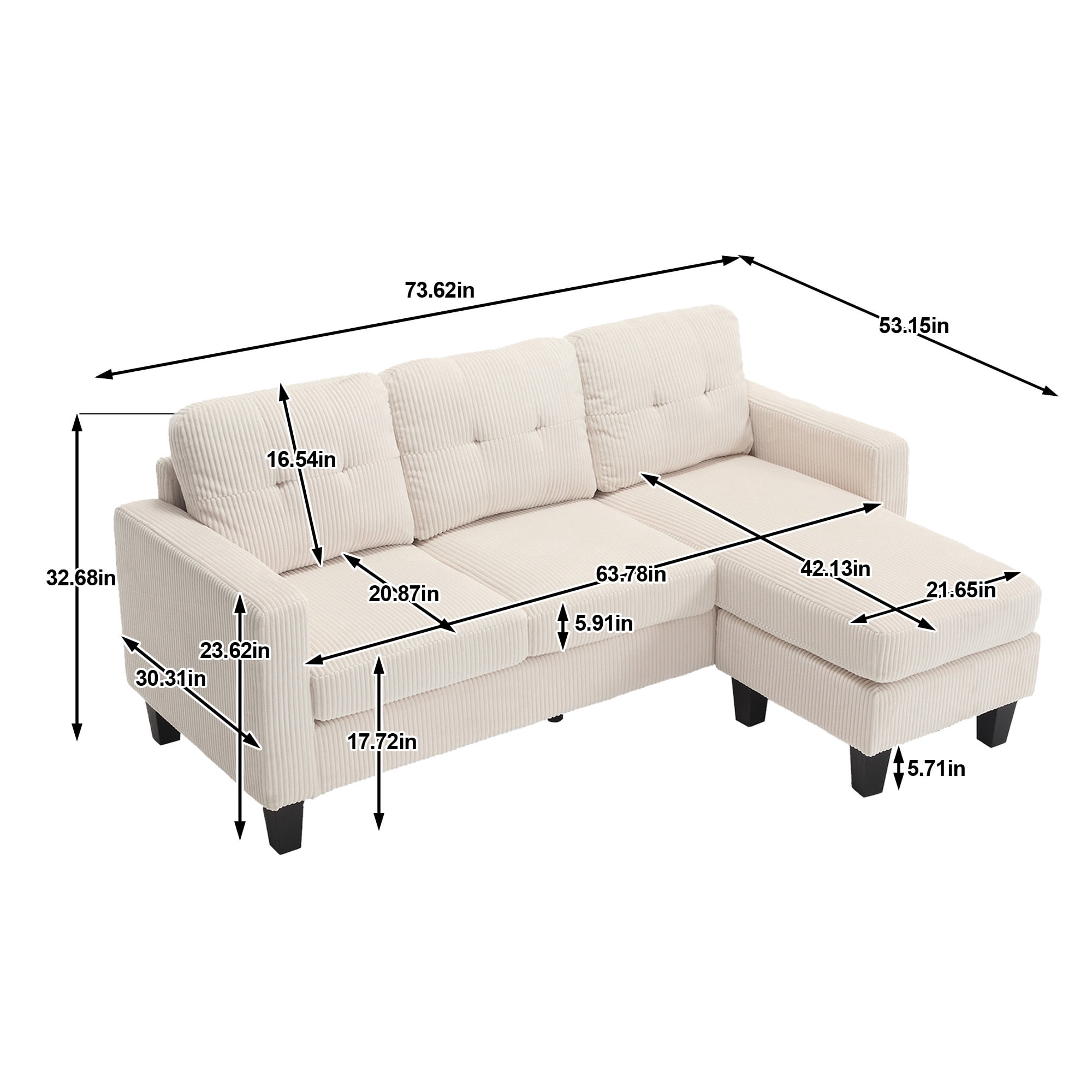 Convertible Sectional Sofa with Movable Ottoman,L Shaped Couch Sofa with Reversible Chaise,Modern Velvet 3 Seater Sofa Sectional Couch for Living Room,Beige