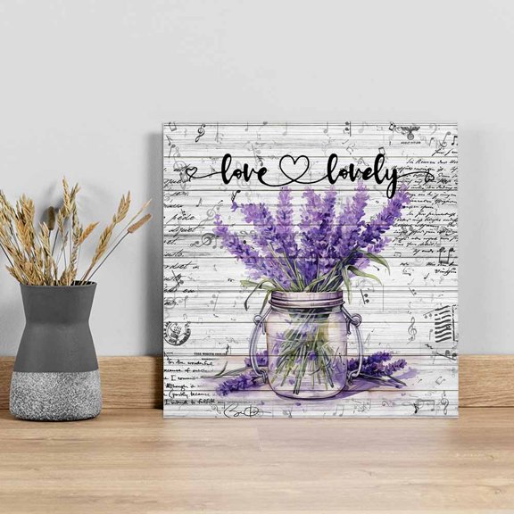 Purple Spring Floral Wall Art Painting on Canvas, Lavender Vintage Summer Botanical Canvas Art Home Prints Wall Art Framed Modern Artwork for Living Room Bedroom Wall Decor 8x8in