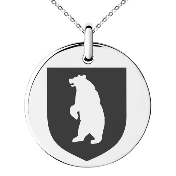 Stainless Steel Bear Ferocity Coat of Arms Shield Engraved Small Medallion Circle Charm Pendant Necklace