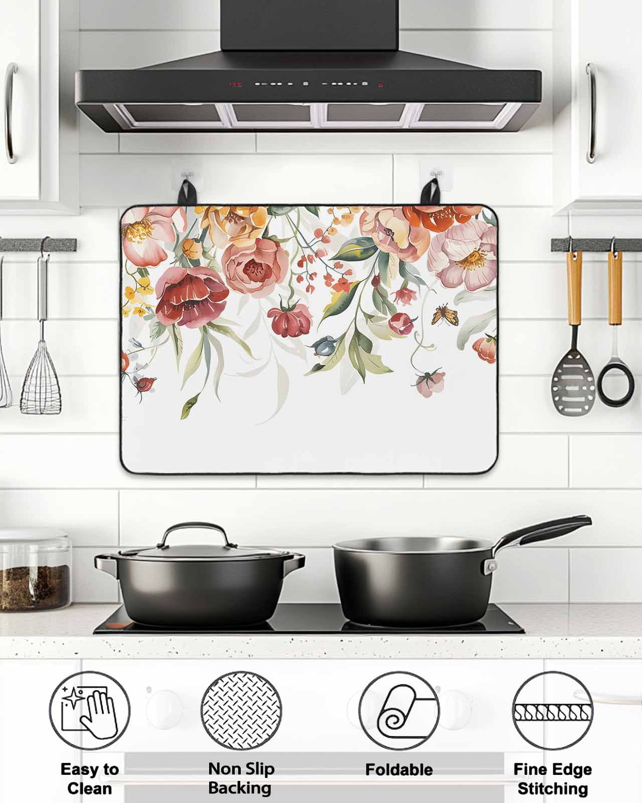 Stove Top Covers for Electric Stove, Pink Floral Glass Stovetop Cover Protector, Spring Pastoral Botanical Wildflowers Leaves Induction Cooktop Protector Oven Mat for Kitchen Countertop 31"x24"