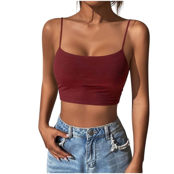 OGLCCG Women's Crop Cami Tops Slim Scoop Neck Spaghetti Strap Tank Tops Solid Color Summer Basic Camisole Tees,Wine