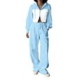 thumbnail image 2 of Dazajoo Womens 2 Piece Fall Outfits Fashion Denim Patchwork Zip Up Crop Hoodie and Wide Leg Jogger Pant Tracksuit Sets Streetwear,Blue,L, 2 of 9