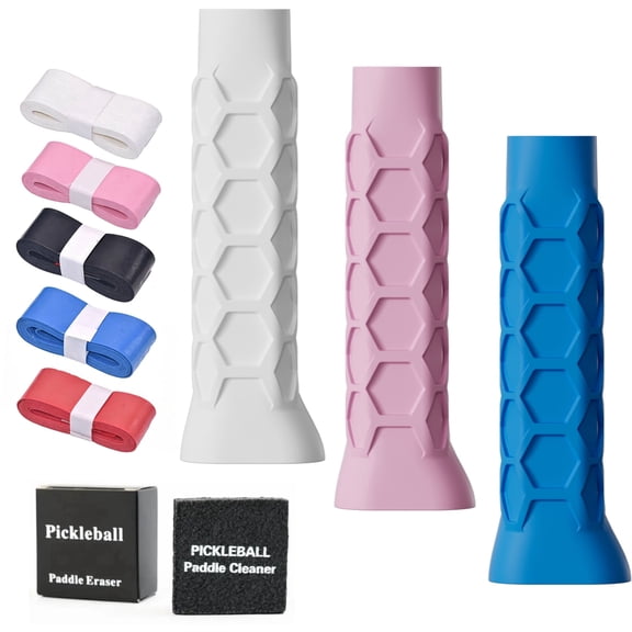 Pickleball Grip Tape 3-Pack (Gray Blue Red)   5 Multi-Color Shock Absorber Rings, Pro Cushion Pickleball Overgrip, Shockproof Wrist Protection