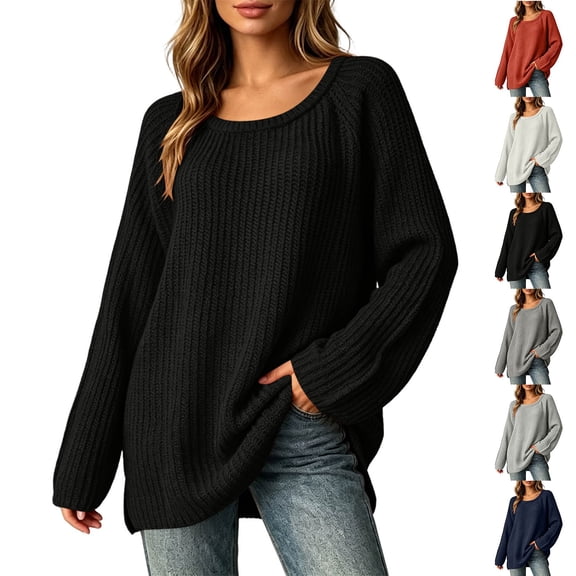 MexChoioe Women's Sweaters Scoop Neck Ribbed Knit Long Sleeve Oversized Fall Tunic Sweater for Women
