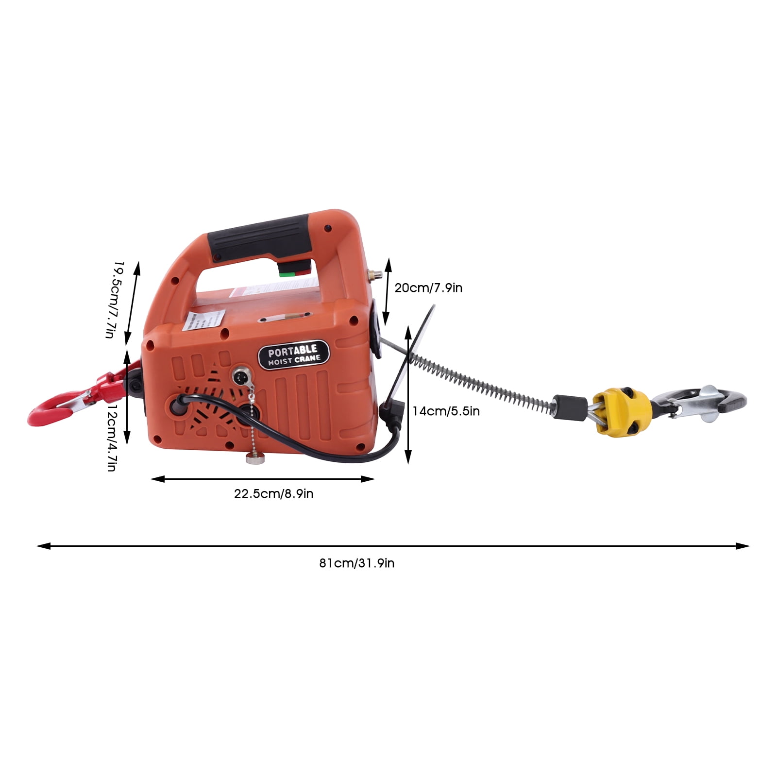 3-in-1 38.7ft Portable Electric Winches Orange Pure Copper Motor Hoist Winch Crane Lift for Gardens Forests Factories