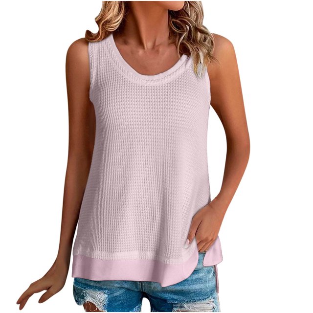 VEKDONE Débardeurs Sans Manches en Nid d'Abeille pour Femmes Mode Faux 2 Pcs Tuniques Patchwork Couleur Unie Coupe Ample Col Rond Rose Large