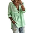 thumbnail image 2 of Women's Henley V Neck Linen Blouse Boho Solid Long Sleeve Loose Tunic Tops Casual Comfy Shirt for Summer Vacation Green M, 2 of 3