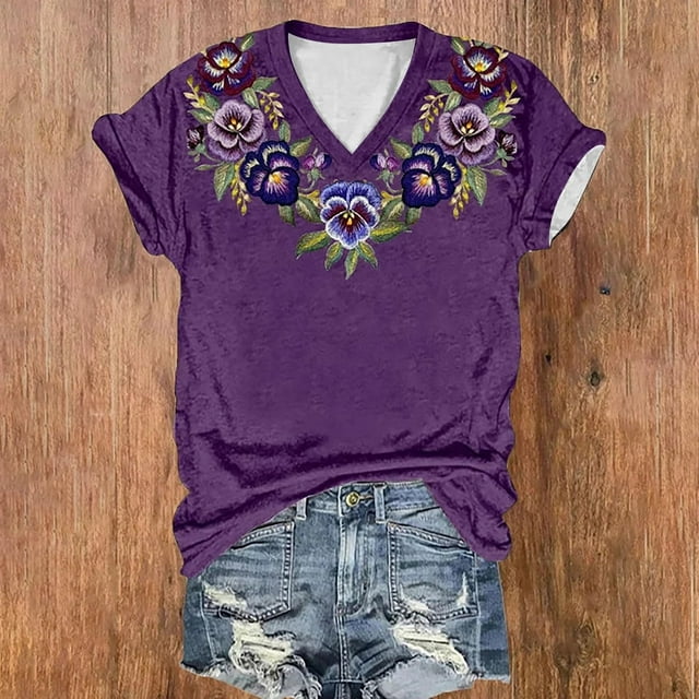 Fiudx Camisas de Mujer Top de Manga Corta con Cuello En V y Estampado Del Día de La Independencia para Mujer