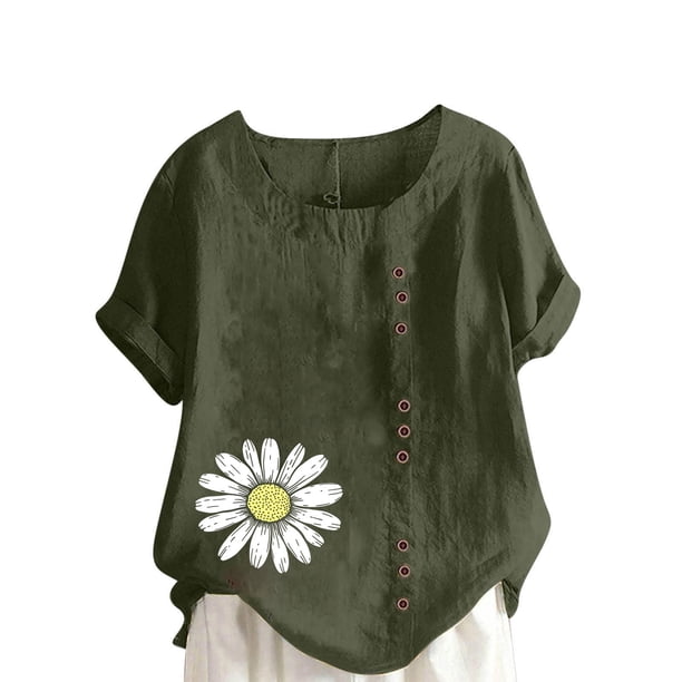 Vestidos Casuales Para Mujer, Blusas De Mujer De Moda Blusa informal de lino con botones y manga corta estampada para mujer
