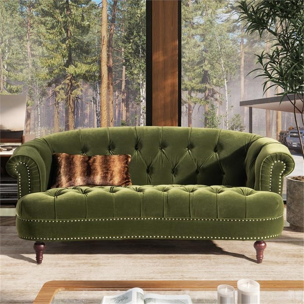 Maklaine Velvet Olive Green Loveseat Rectangular Button Tufted 68.5" Assembled