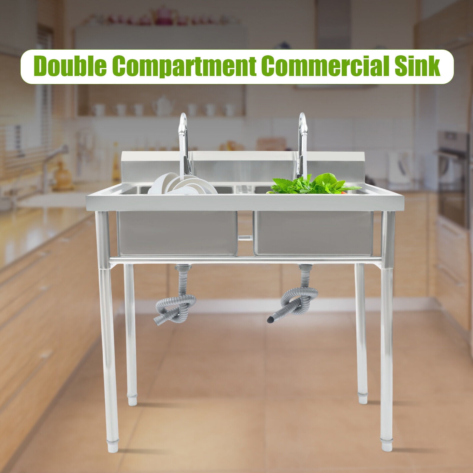 Commercial Restaurant Utility Kitchen Sink 2 Large Compartment