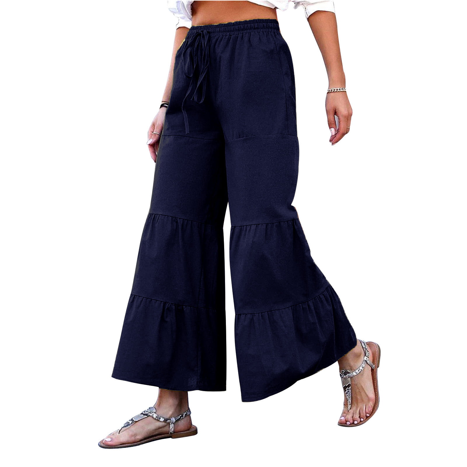 Canrulo Womens Wide Leg Palazzo Pants Loose Ruched High Waist Bandage  Elastic Waist Casual Trousers Dark Blue XL