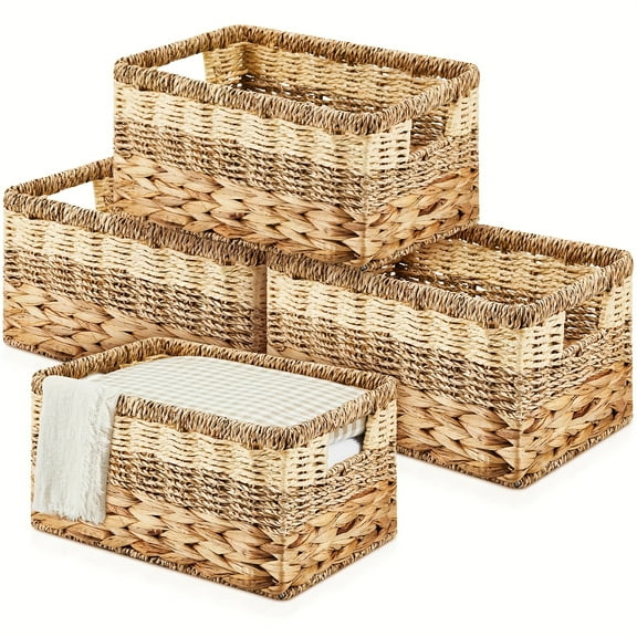 4-Pack Wicker Storage Baskets 12x8x6.3 Inch, Natural Seagrass Woven Cubes with Handles for Shelf Organization in Bedroom & Living Room
