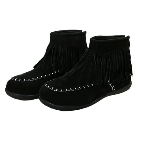 

hopeusnice Women s Suede Fringe Ankle Boots Winter Warm Booties Flat Shoes Comfortable Slip On Fringe Booties Black 36