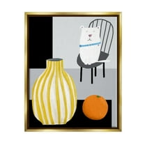 Stupell Industries White Dog Sitting Vase Still Life Animals & Insects Painting Gold Floater Framed Art Print Wall Art