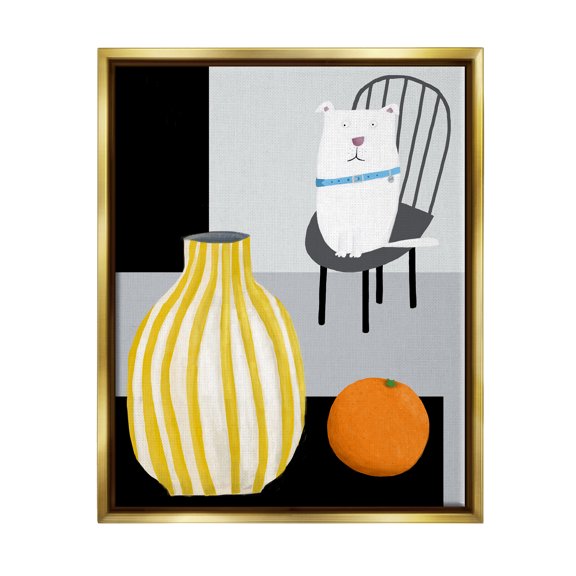 Stupell Industries White Dog Sitting Vase Still Life Animals & Insects Painting Gold Floater Framed Art Print Wall Art