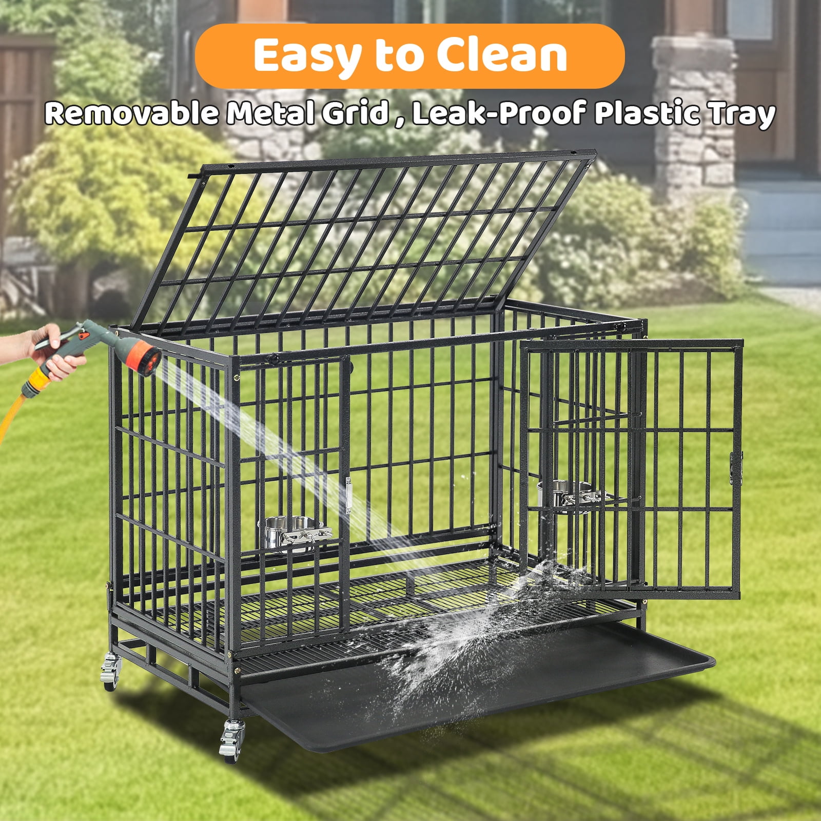 Homey Pet 37 Inch Stackable Heavy Duty Dog Crate Indestructible, Escape Proof Dog Cage with Wheels, Tray, High Anxiety Dog Kennel Indoor Double Door, Collapsible Dog Crates for Medium Dogs