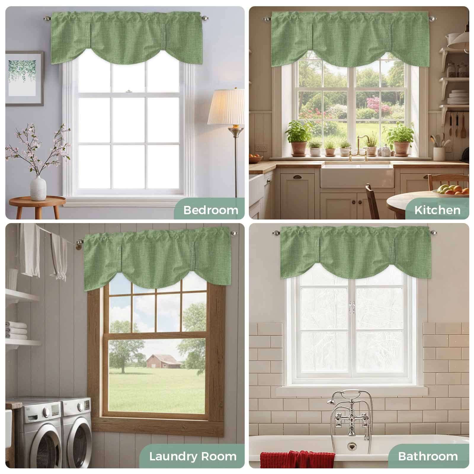 Vintage Forest Green Tie Up Valance Curtains for Windows, Kitchen Curtains Window Treatments, Farmhouse Retro Solid Color Linen Texture Short Window Shades Valances for Bedroom Bathroom Cafe 54"x18"