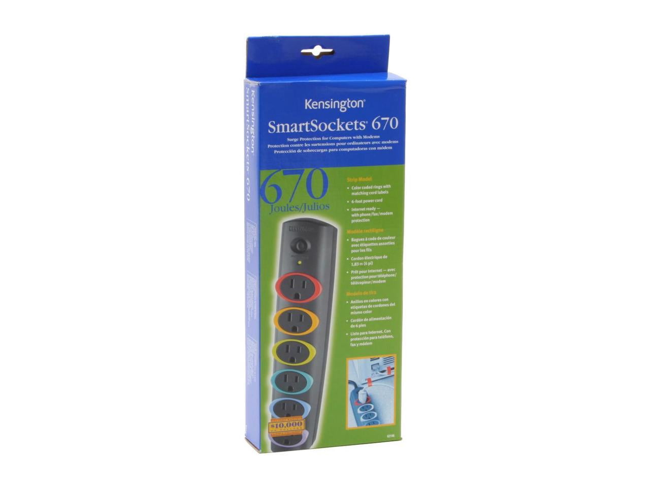 Kensington SmartSocket 6-Out Basic Surge Protector - 6 x Power 3-pole - 670 J - 120 V AC Input - 120 V AC Output - Fax/Modem/Phone