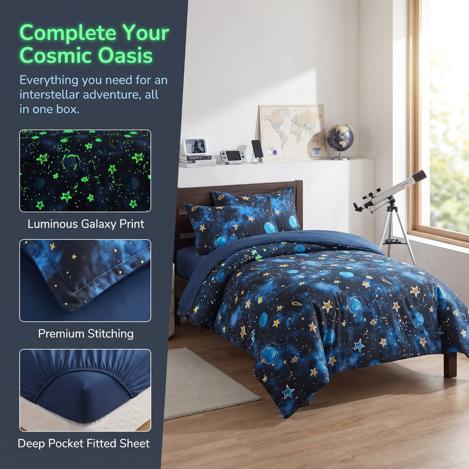 Unbranded Glow in The Dark Kids Comforter Set, 5 Pieces Blue Space Bedding Set Twin Size for Boys Girls Teen, 1 Comforter, 1 Pillowcase, 1 Pillow Sham, 1 Flat Sheet, 1 Fitted Sheet