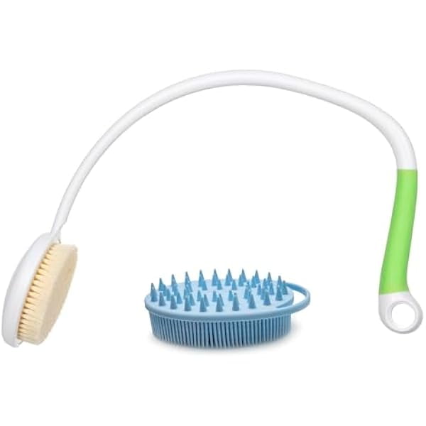 wonima11 27.5” Back Bath Brush Long Handle for Shower and Silicone Body Scrubber, Shower Back Scrubber with Curved Handle for Elderly, Disabled, Limited Mobility, Post-Surgery, Frozen Shoulder