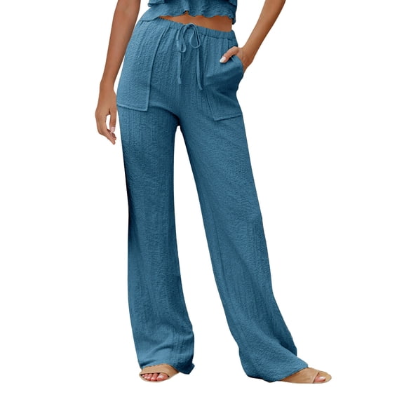 Kvture Women Elastic Waist Palazzo Pants Solid Color Jogging Pant Summer Casual Wide Leg Clothes Trousers with Pockets Blue L