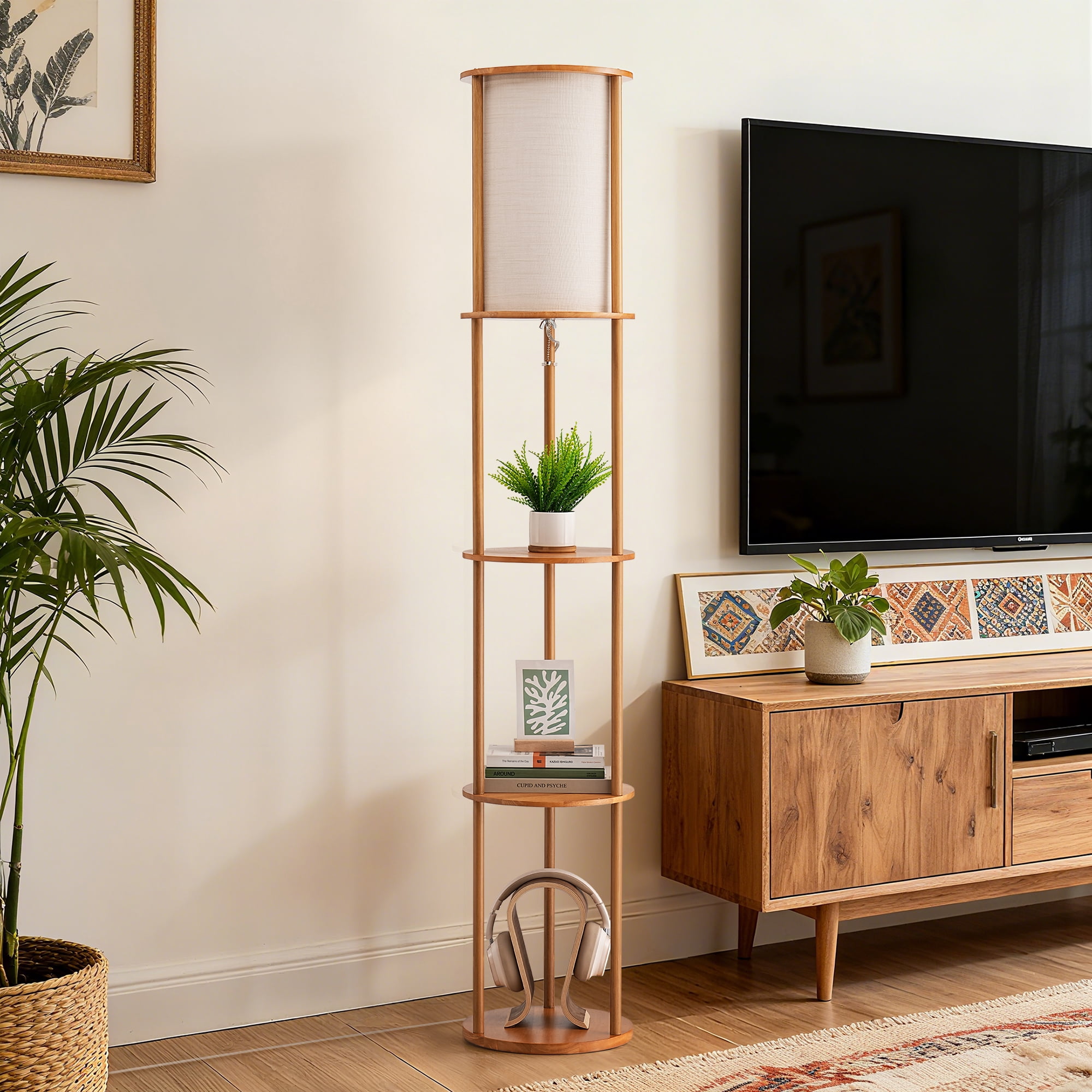 EDISHINE 63.8" Column Floor Lamp with Solid Wood Shelves, Modern Standing Lamp for Living Room Bedroom Corner, LED Bulb Included