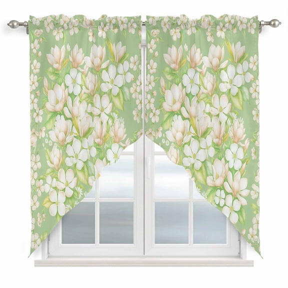 Swag Valance Curtains for Windows, Spring Floral Light Filtering Kitchen Curtains with Rod Pocket, Watercolor Orchid Flowers Leaves Botanical Green Window Treatment Valances, 28x36 - 2 PCS