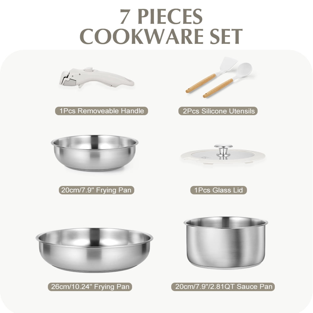 Koch Systeme CS Stainless Steel Pots and Pans Set, 7 Piece Stainless Steel Cookware Set with Detachable Handle, Induction Compatible