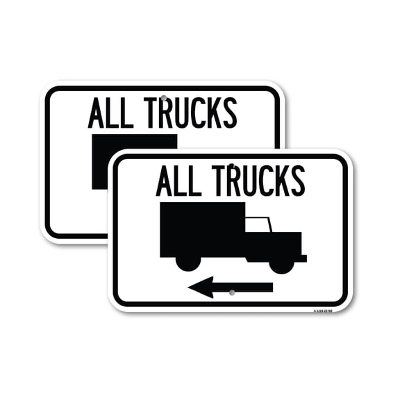 (2 Pack) Trucks Sign All Trucks (With Truck Symbol & Left Arrow) | 12" X 18" Heavy-Gauge Aluminum Sign | Rust Free Aluminum, Weather Resistant, Waterproof, Fade Resistant, 2 Pre-drilled