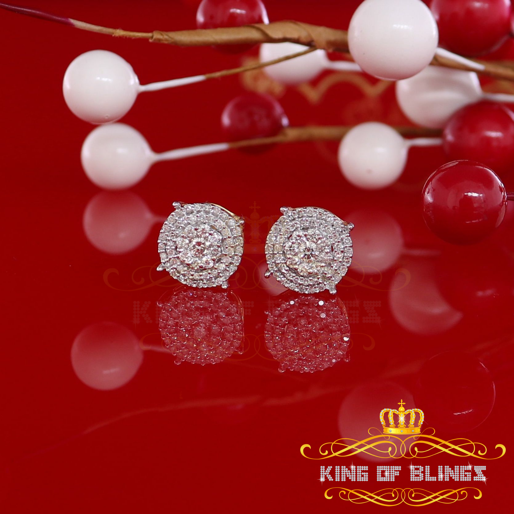 King of Bling's 10K Real Yellow Gold with 0.80CT Real Diamond Men's/Women's Stud Round Earrings