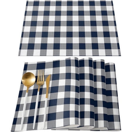 Nautical Navy Blue Plaid Indoor Placemat Set of 4 Non-Slip Placemats for Kitchen/Dining Table/BBQ/Patio/Parties 12 x18 Washable Durable Cotton-Linen Table Mats Farmhouse Buffalo Checkered