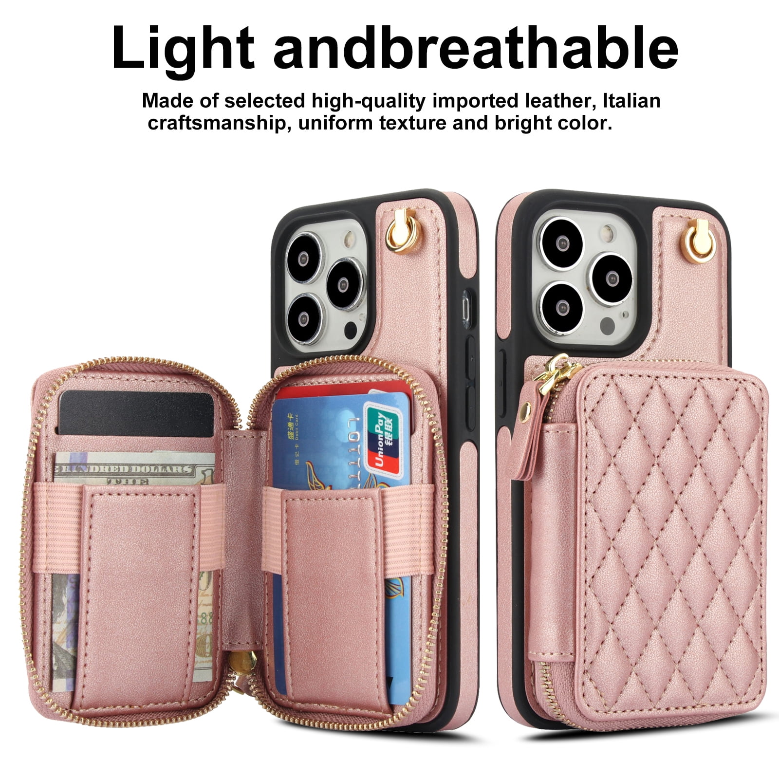 Compatible with iPhone 15 Pro Max 6.7 inch Wallet Phone Case Tempered Glass Screen Protector Wrist Crossbody Strap Stand Credit Card Holder RFID Slot Cell Cover for iP15ProMax Women Girls Rose Gold