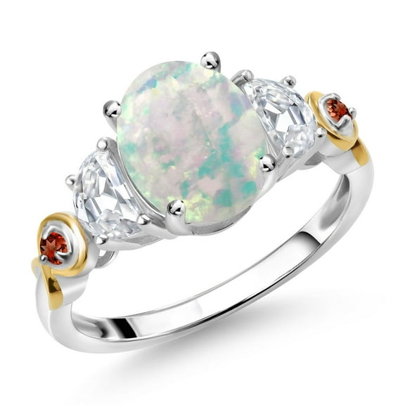 Gem Stone King 925 Silver and 10K Yellow Gold 3-Stone Ring 9X7mm Oval Shape Cabochon White Simulated Opal and Moissanite 1.53 Cttw (Size 9)