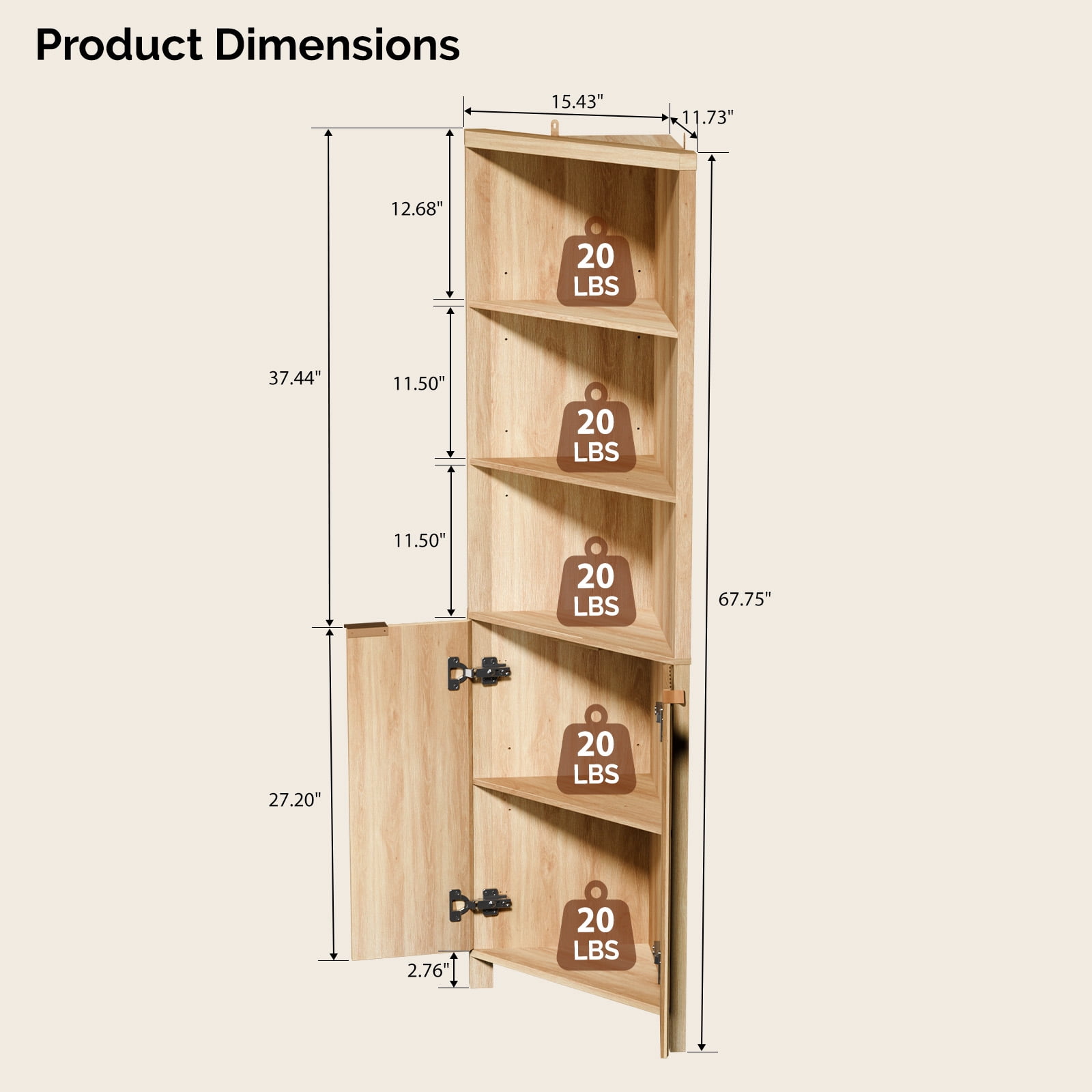 Ktaxon Corner Bathroom Cabinet with Fluted Double - doors, 5 - Tier Freestanding Storage, Oak