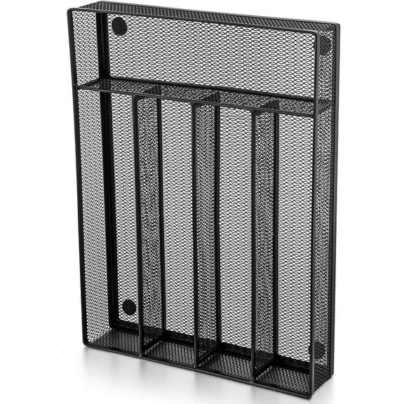 Vesteel Kitchen Drawer Organizer, Black Mesh Wire Utensil Tray, Narrow Metal Cutlery Holder/Divider with Foam Feet, 5 Compartment & Small Size - 12.5 x 9.25-Inch