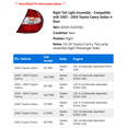 thumbnail image 2 of Right Tail Light Assembly - Compatible with 2002 - 2004 Toyota Camry Sedan 4-Door 2003, 2 of 2