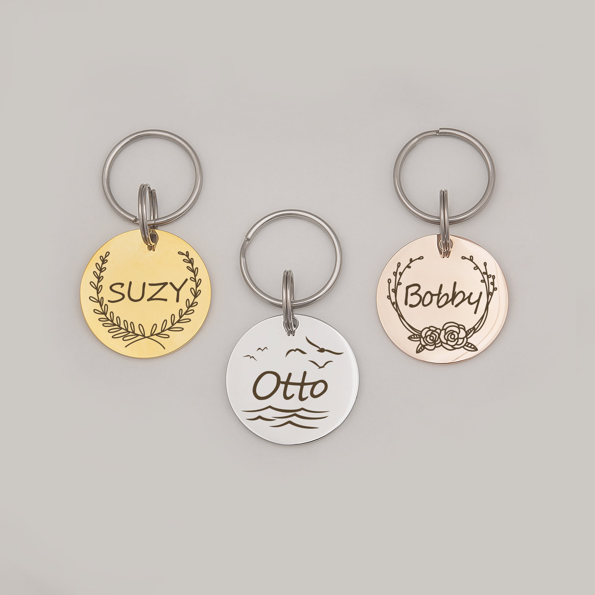 Anavia Stainless Steel Metal Round Name - Boarder Birthday Holiday Christmas Engraved Dog Cat ID Tag, Rose Gold