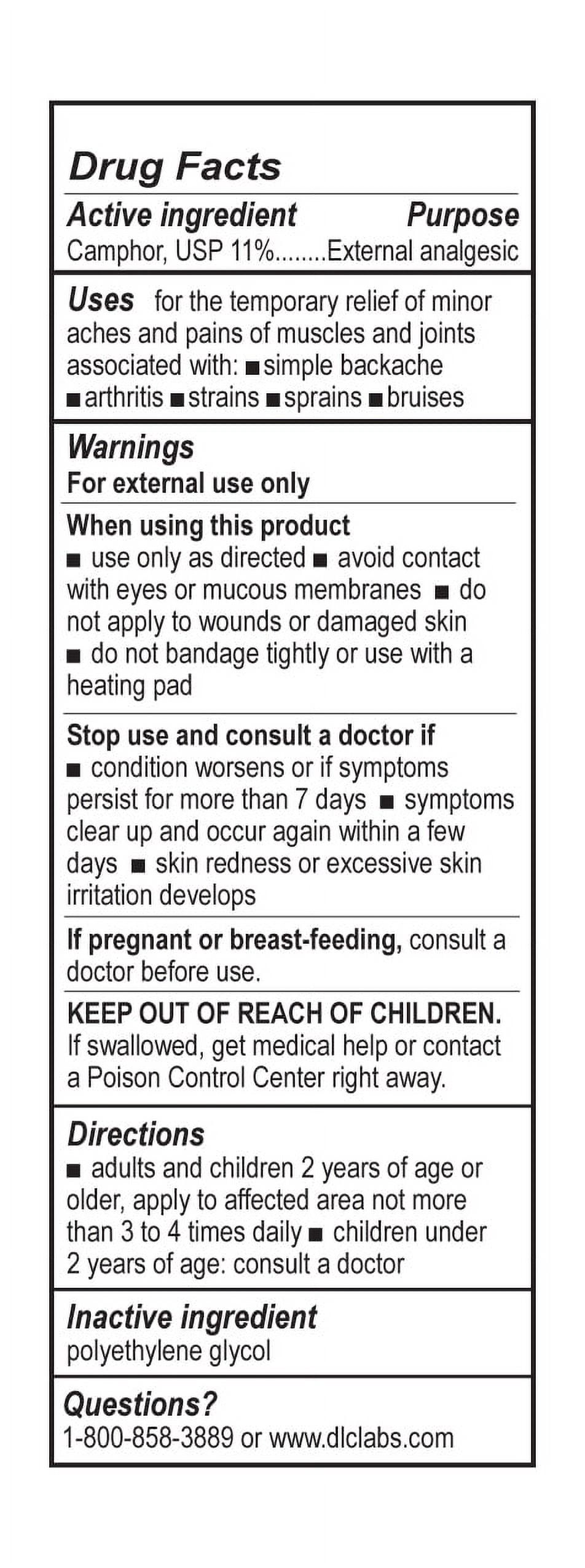 De La Cruz Camphor Liniment, Topical Pain Relief, 11% Pure USP, 2.5 oz