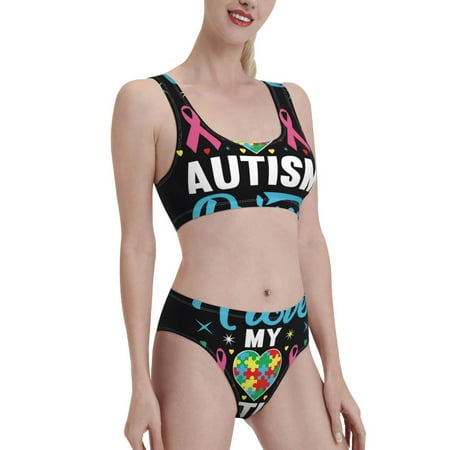 Uemuo I Love My Autism Printed Women s High Waisted Bikini Sets Sporty Two Piece Swimsuits Color Block Cheeky High Cut Bathing Suits-